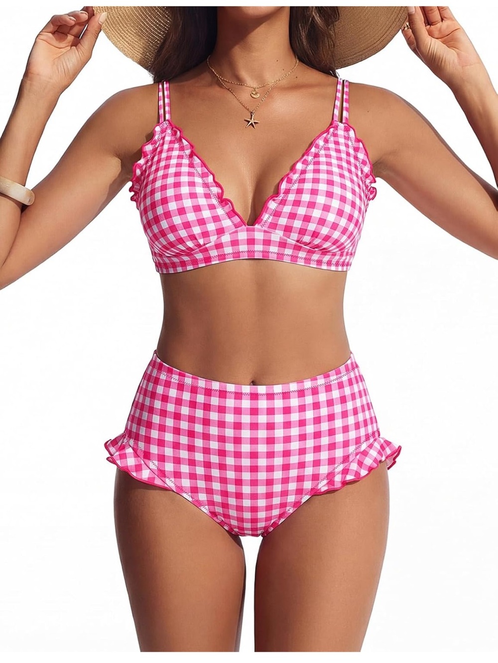 Hanna Nikole Women’s Gingham High-Waist Bikini Set Size M